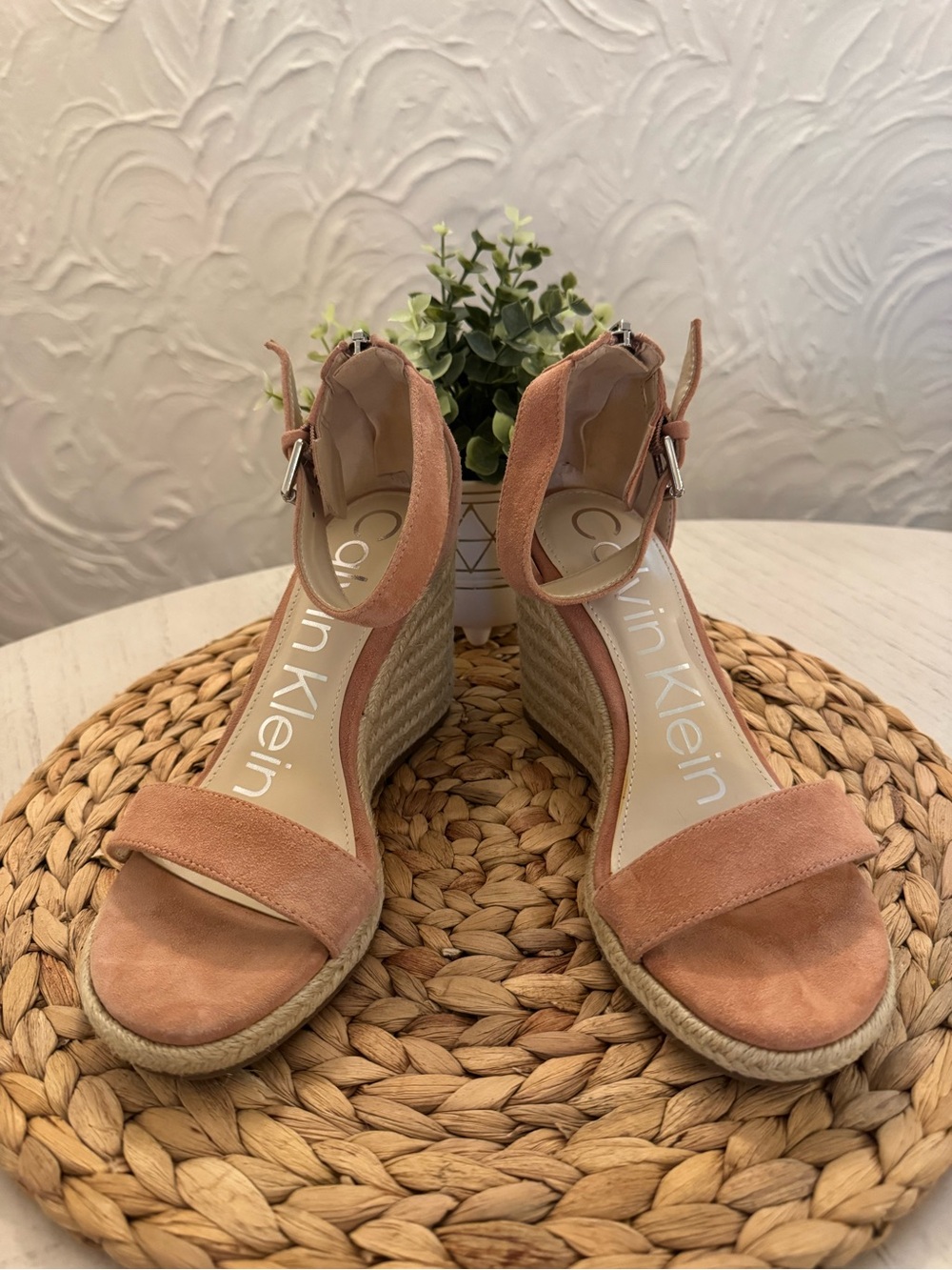 Calvin Klein Dusty Rose Suede Espadrille Wedge Sandals